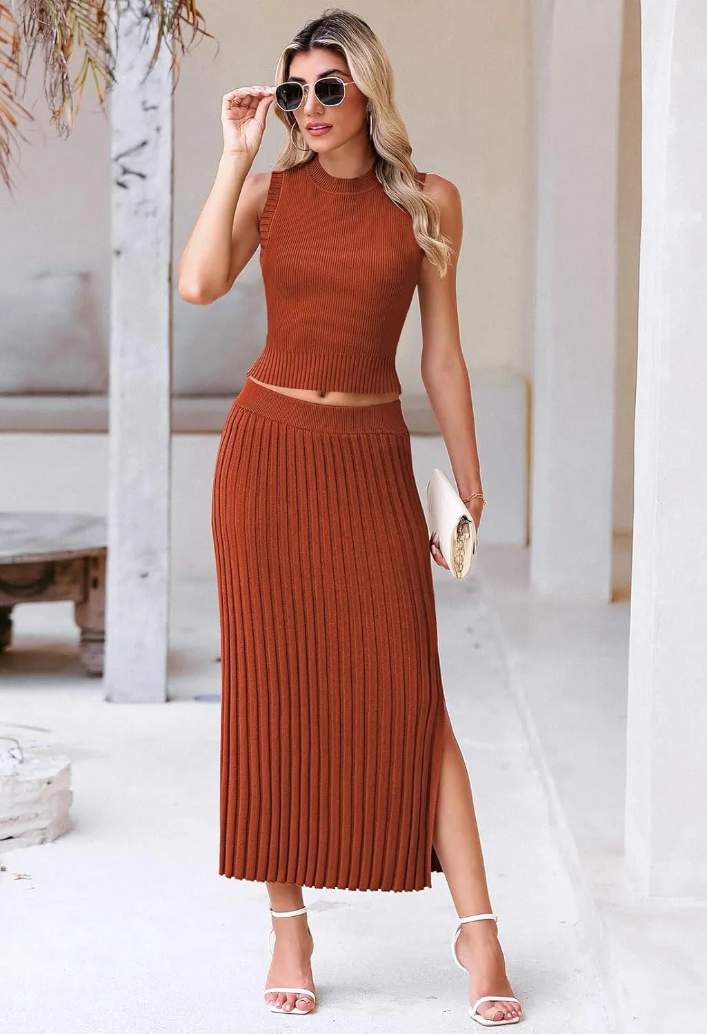 Pink Queen Women's 2 Piece Sweater Outfits Stylish Sleeveless Crop Top Ribbed Split Bodycon Midi Skirt Set Knit Dress