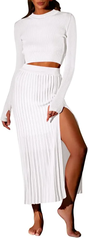 Pink Queen Women's 2023 Fall 2 Piece Outfits Set Knit Crop Top Split Bodycon Midi Skirt Fall Sweater Dresses White L