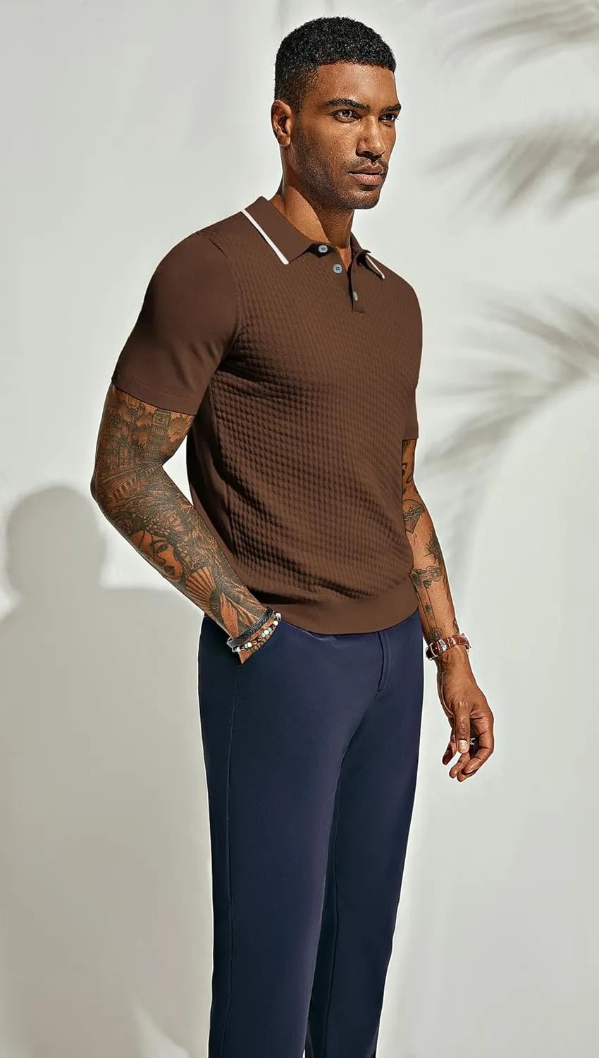 PJ PAUL JONES Men's Short Sleeve Knit Polo Shirts Waffle Texture Knit Shirt