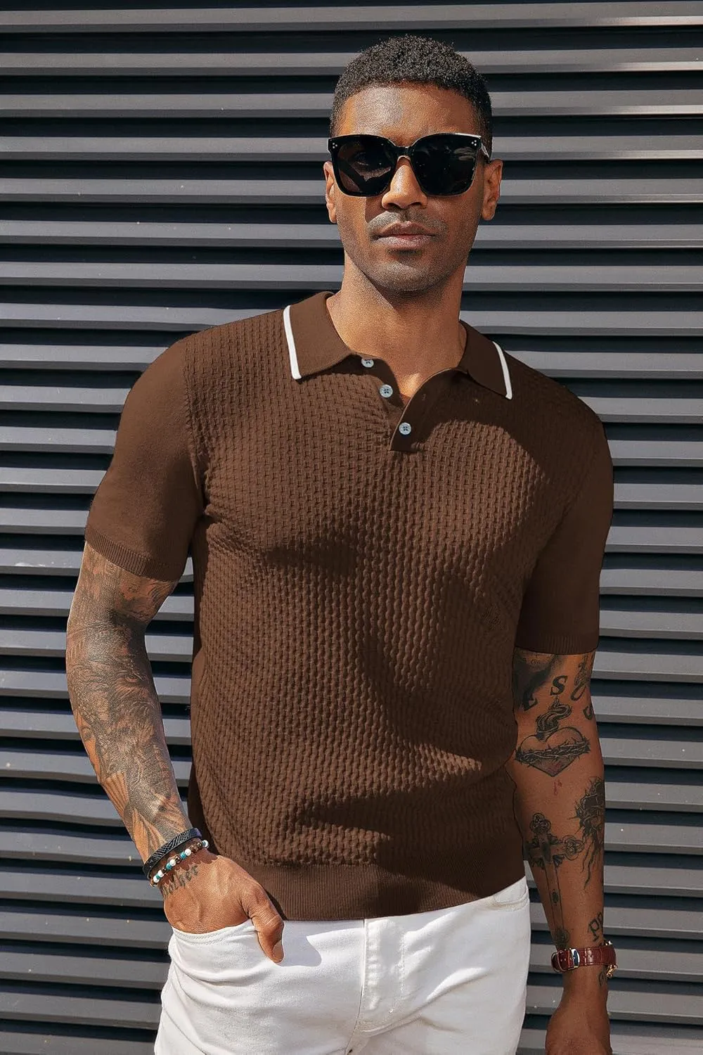 PJ PAUL JONES Men's Short Sleeve Knit Polo Shirts Waffle Texture Knit Shirt