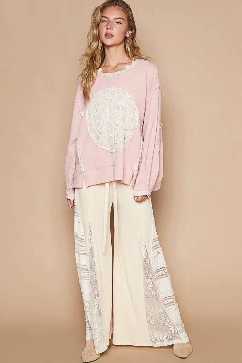 POL Thermal Knit Top with Heart Peace Sign Patch on Front in Strawberry Milk