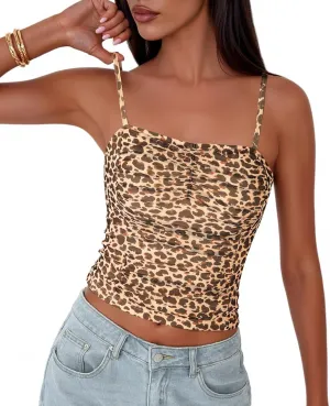 PRETTYGARDEN Womens Floral Spaghetti Strap Tank Tops Square Neck Sleeveless Ruched Mesh Bodycon Sexy Top Y2K Outfits