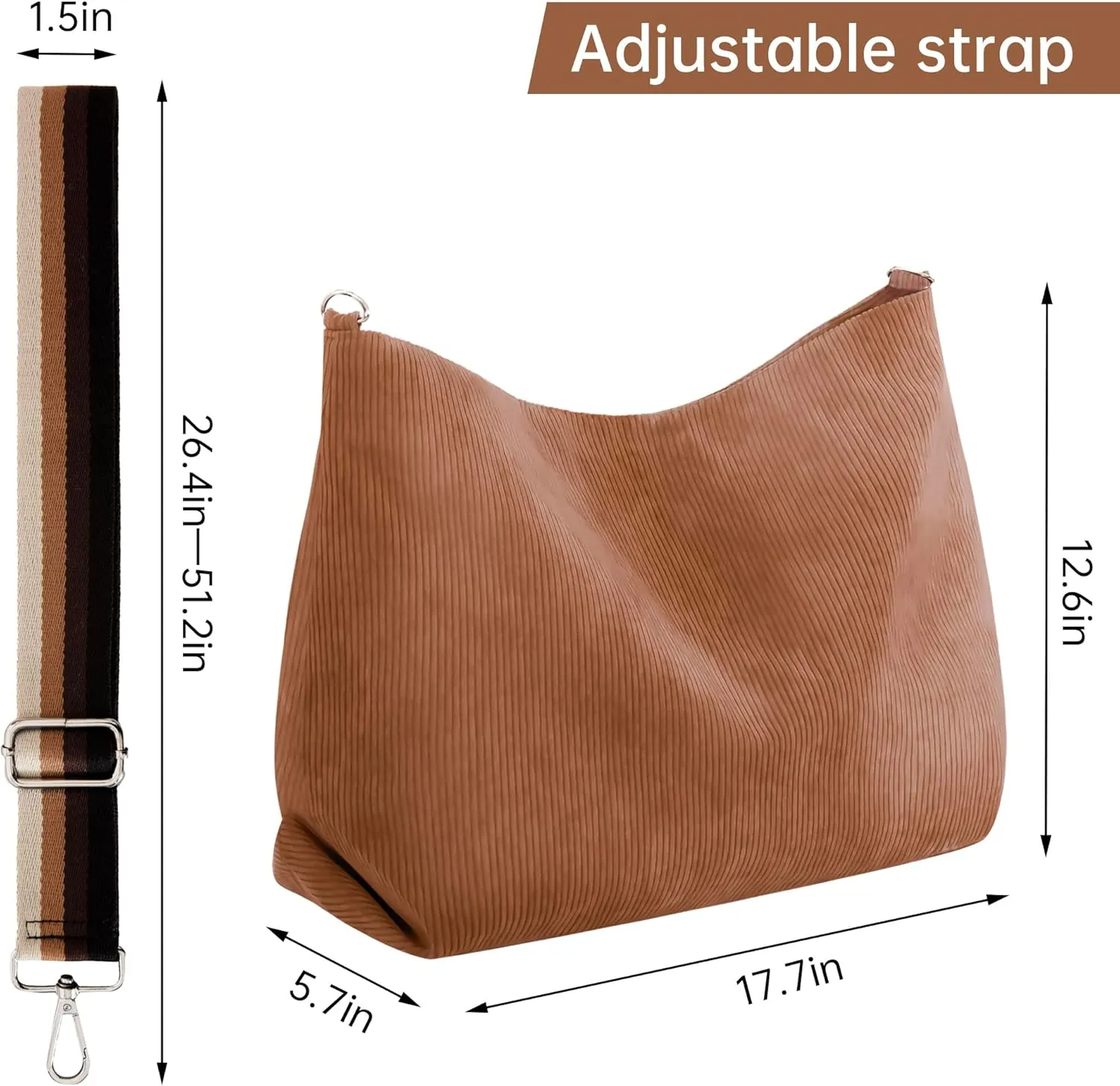 Prite Womens Corduroy Tote Bag with Zipper, Stylish Shoulder Bag with Adjustment Straps for Work, Travel, Daily Use