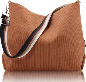 Prite Womens Corduroy Tote Bag with Zipper, Stylish Shoulder Bag with Adjustment Straps for Work, Travel, Daily Use