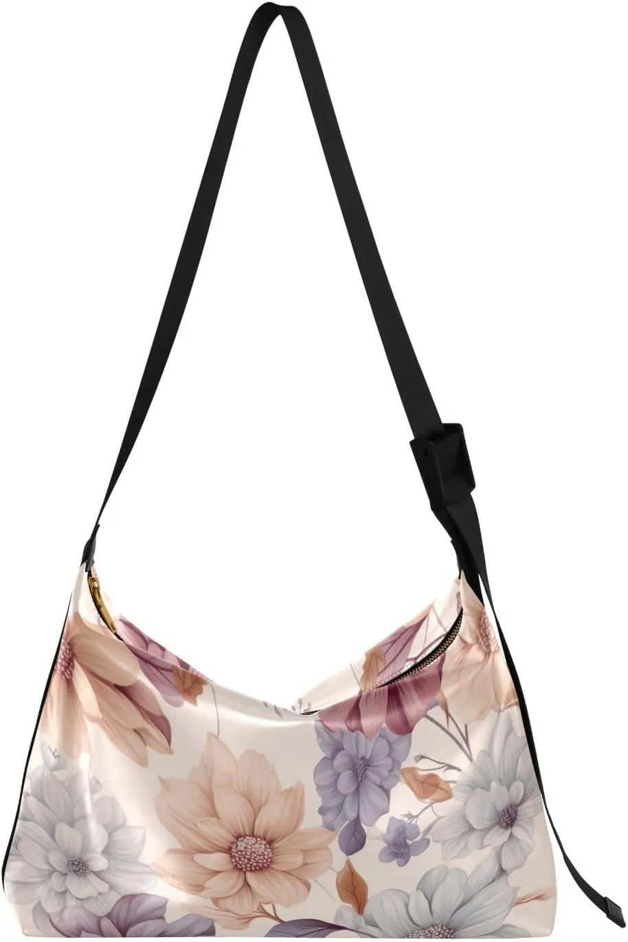 Purple Floral Flowers Leather Hobo Bag for Women Men Casual Shoulder Bag with Adjustable Strap Large Capacity Crossbody Handbag