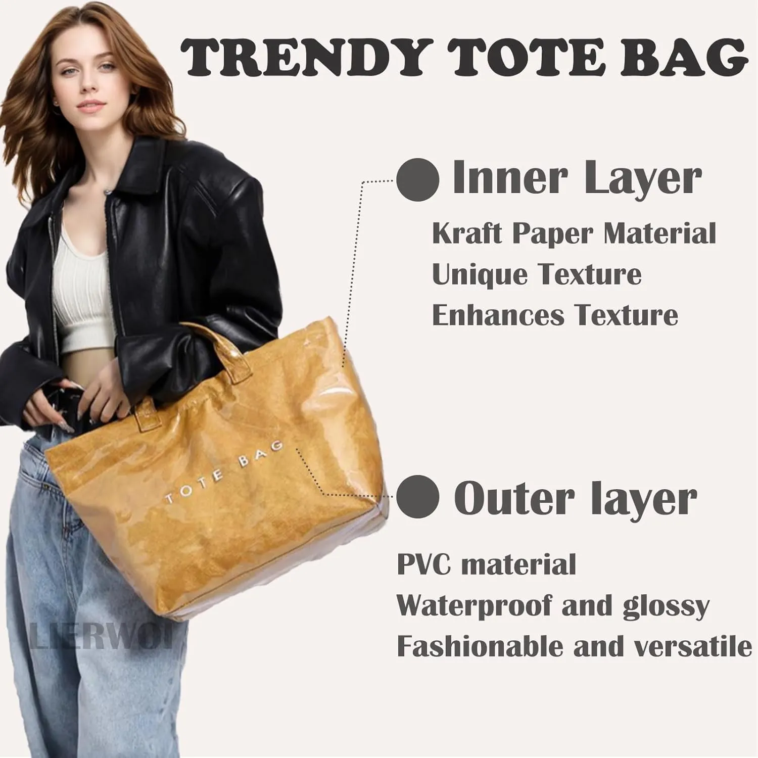PVC Tote Bag for Women Kraft Paper Large Tote Bag Fashion Paper Bag Trendy Letter Print Tote Bag Top Handle