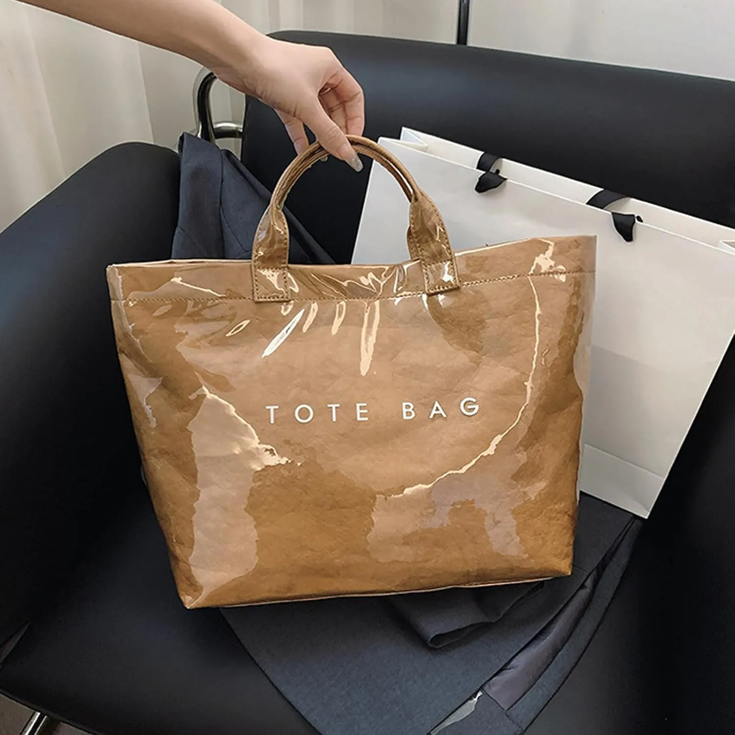 PVC Tote Bag for Women Kraft Paper Large Tote Bag Fashion Paper Bag Trendy Letter Print Tote Bag Top Handle