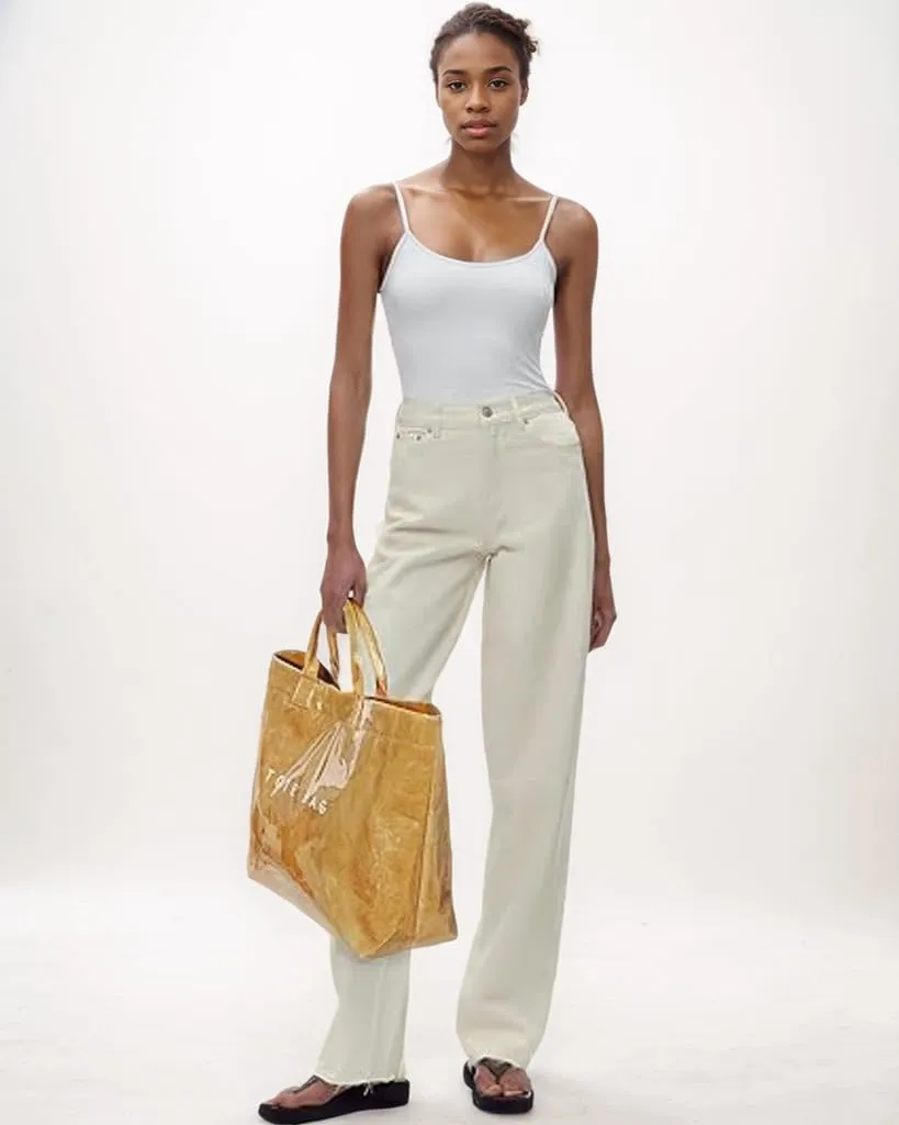 PVC Tote Bag for Women Kraft Paper Large Tote Bag Fashion Paper Bag Trendy Letter Print Tote Bag Top Handle