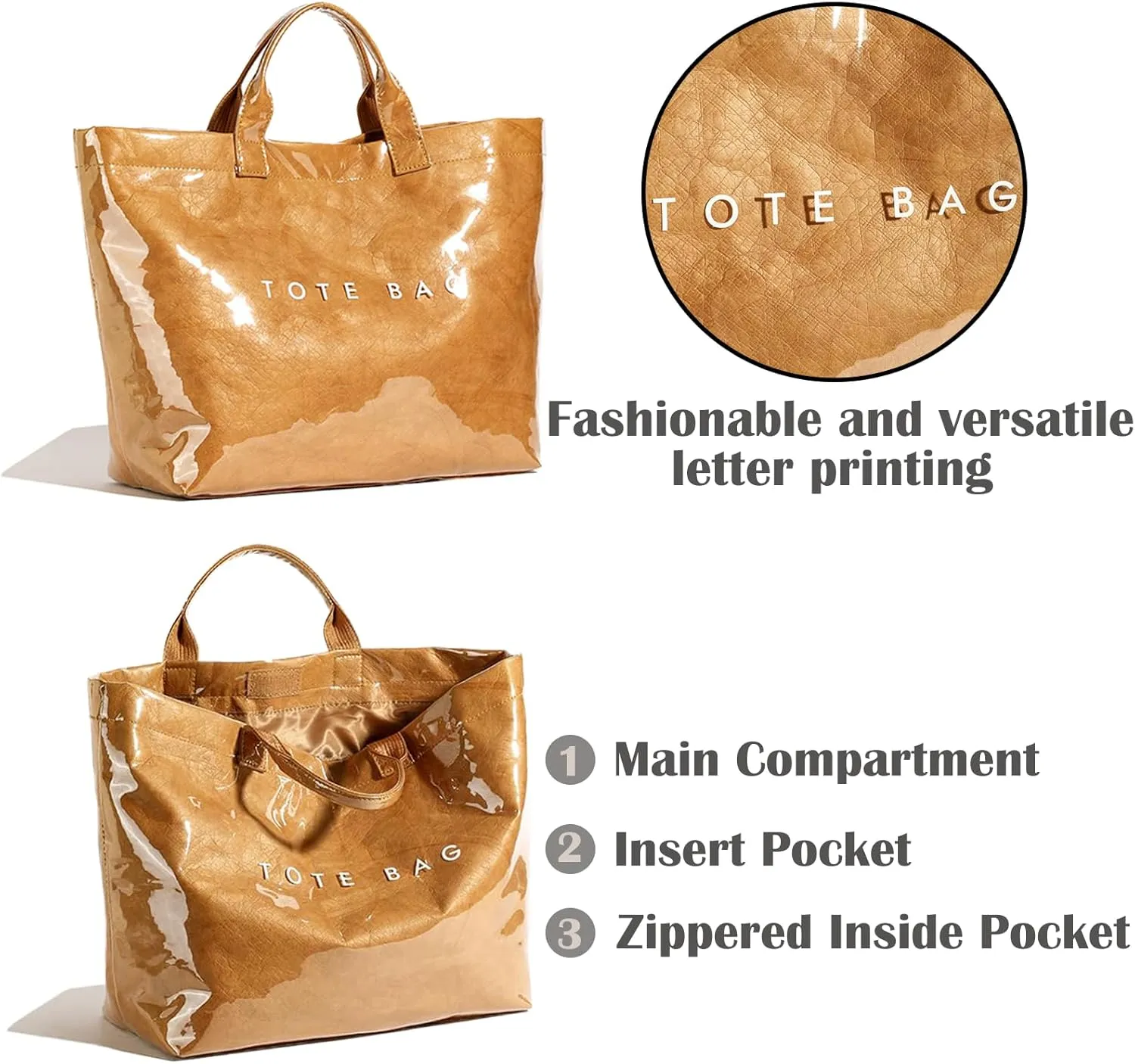 PVC Tote Bag for Women Kraft Paper Large Tote Bag Fashion Paper Bag Trendy Letter Print Tote Bag Top Handle