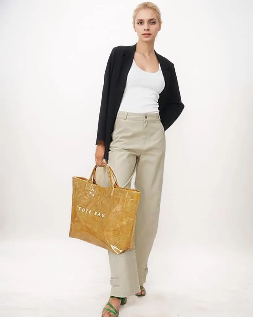 PVC Tote Bag for Women Kraft Paper Large Tote Bag Fashion Paper Bag Trendy Letter Print Tote Bag Top Handle