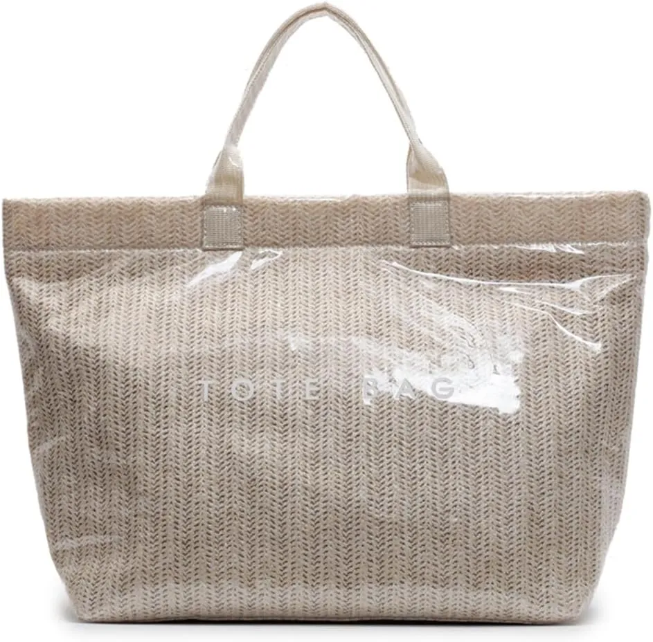 PVC Tote Bag for Women Plastic Straw Tote Bag Large Letters Print Handbag
