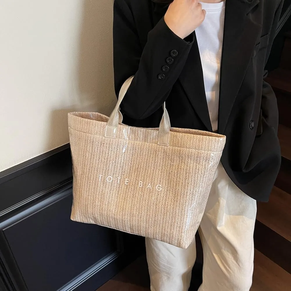 PVC Tote Bag for Women Plastic Straw Tote Bag Large Letters Print Handbag