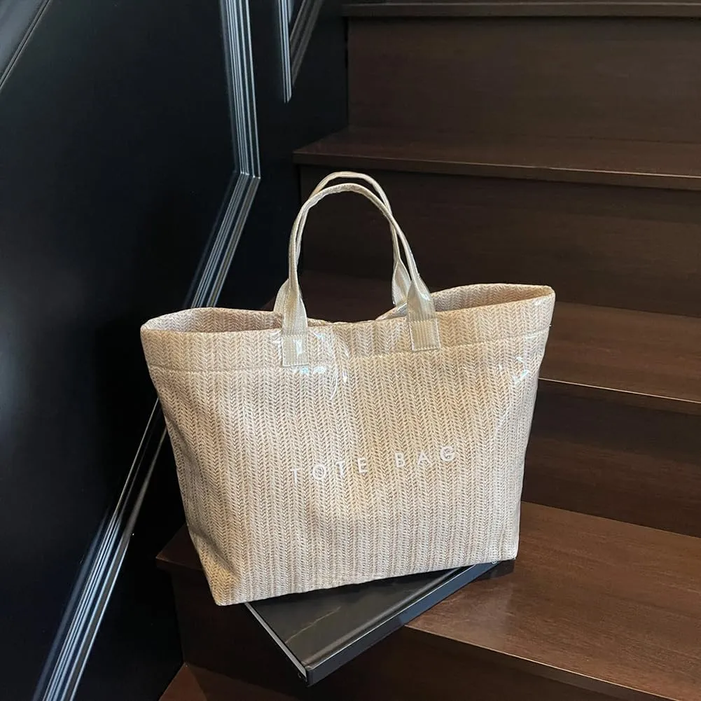 PVC Tote Bag for Women Plastic Straw Tote Bag Large Letters Print Handbag