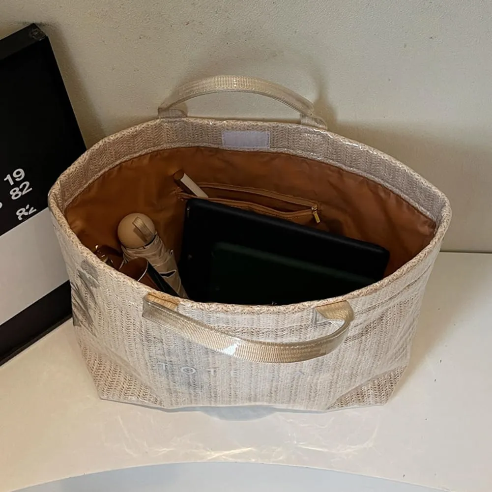 PVC Tote Bag for Women Plastic Straw Tote Bag Large Letters Print Handbag