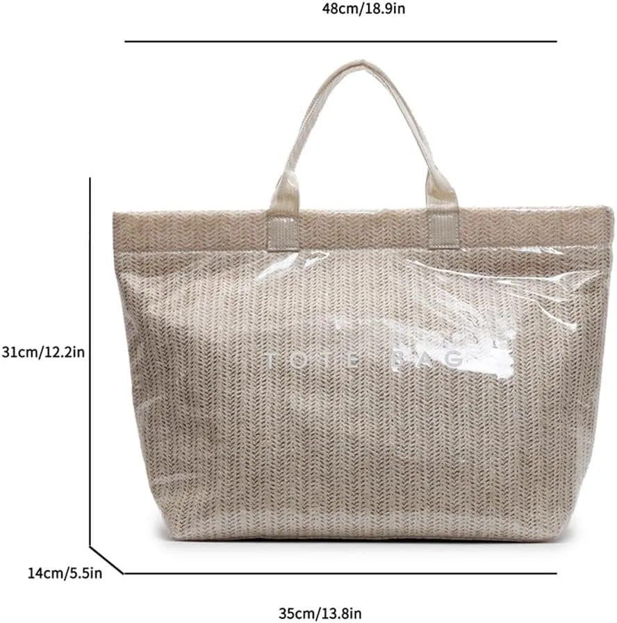 PVC Tote Bag for Women Plastic Straw Tote Bag Large Letters Print Handbag