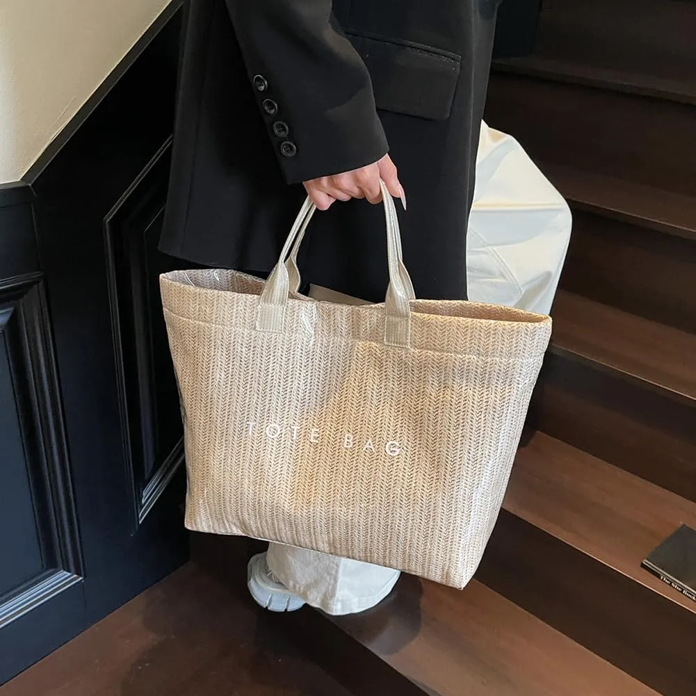PVC Tote Bag for Women Plastic Straw Tote Bag Large Letters Print Handbag