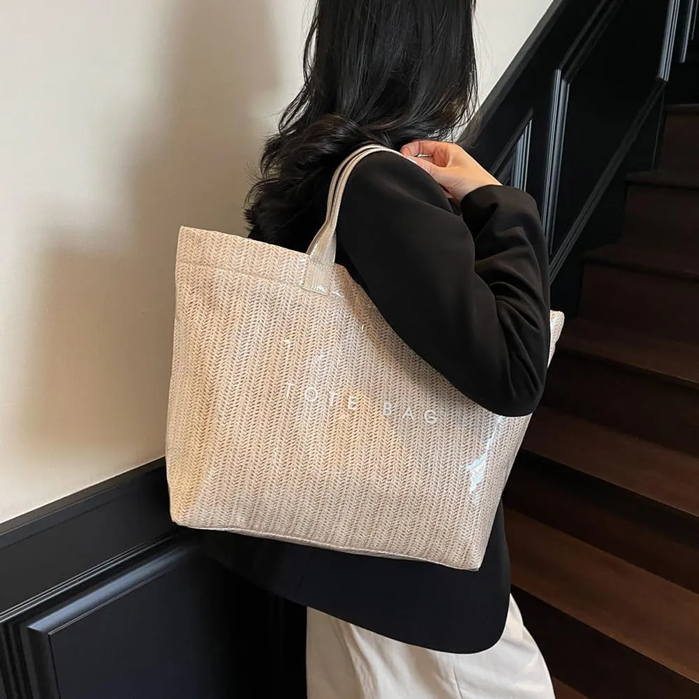 PVC Tote Bag for Women Plastic Straw Tote Bag Large Letters Print Handbag