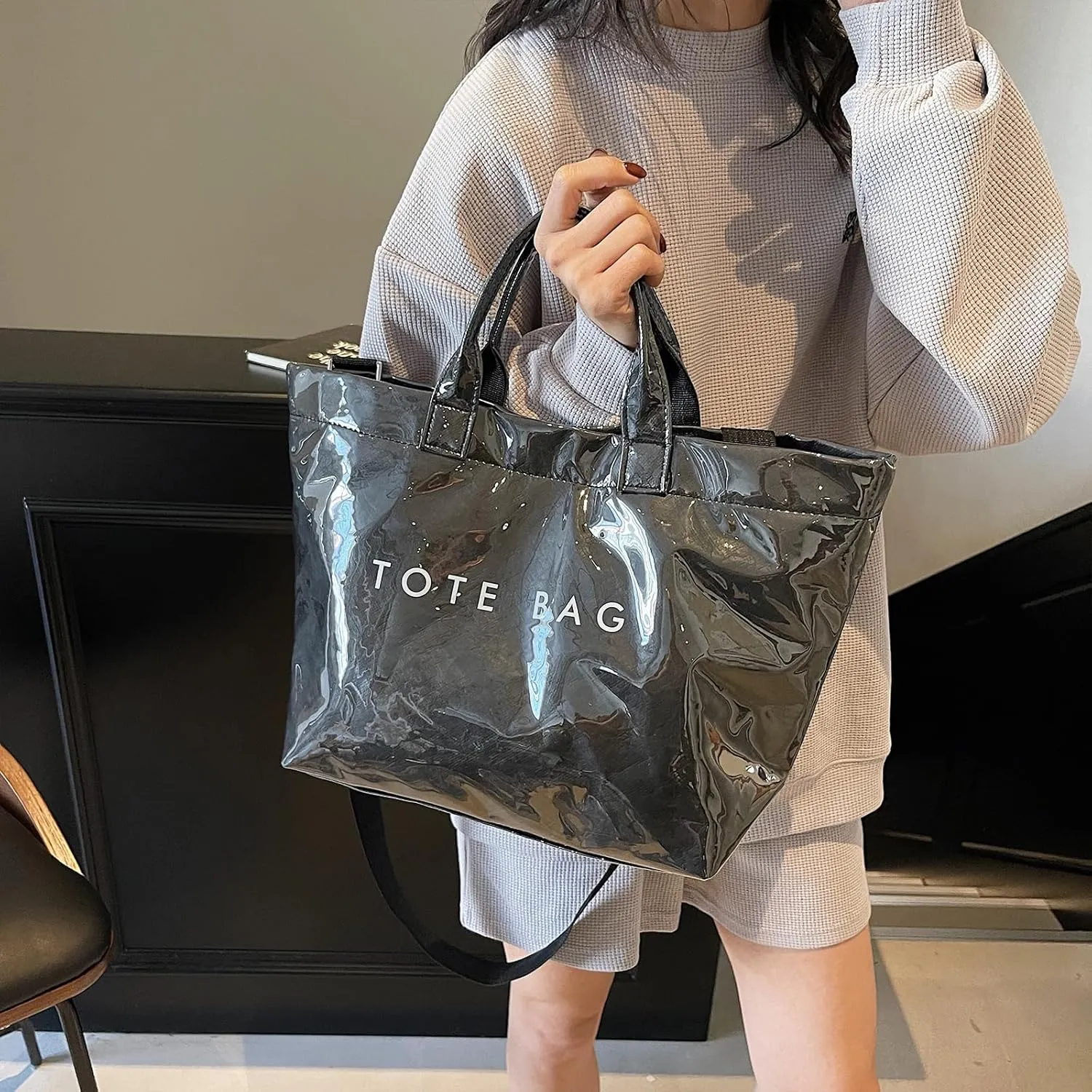 PVC Tote Bag for Women Solid Color Large Letter Print Tote Bag Kraft Paper Clear Plastic Handbag Top Handle Bag