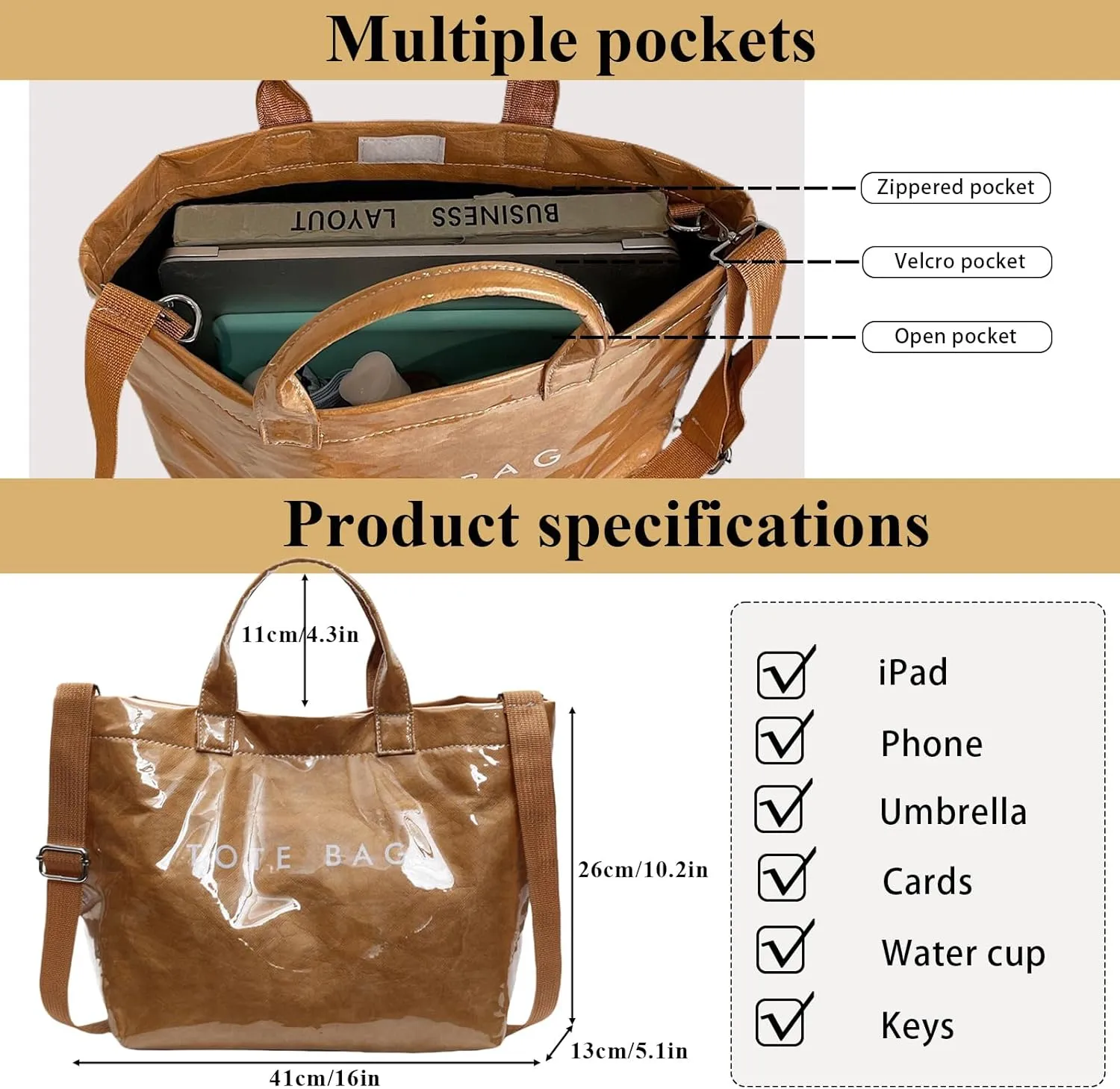 PVC Tote Bag for Women Solid Color Large Letter Print Tote Bag Kraft Paper Clear Plastic Handbag Top Handle Bag