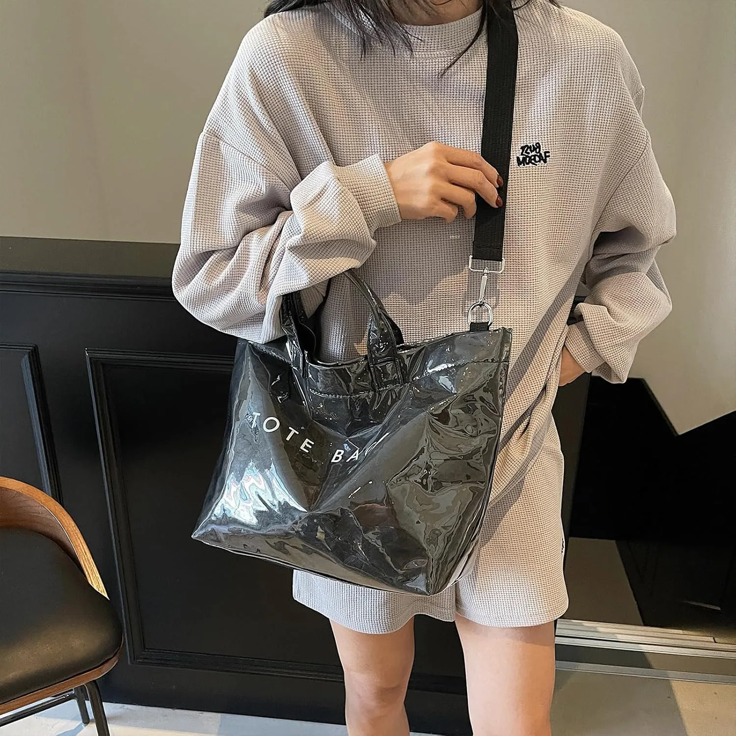 PVC Tote Bag for Women Solid Color Large Letter Print Tote Bag Kraft Paper Clear Plastic Handbag Top Handle Bag