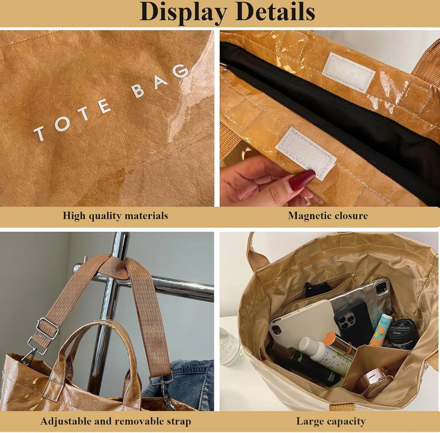 PVC Tote Bag for Women Solid Color Large Letter Print Tote Bag Kraft Paper Clear Plastic Handbag Top Handle Bag