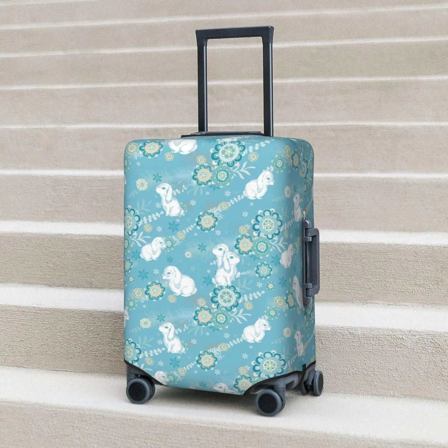Rabbit and Flowers Luggage Cover Washable Elasticated Luggage Covers for Suitcase TSA Approved Stylish Scratch Resistant Luggage Case Protector