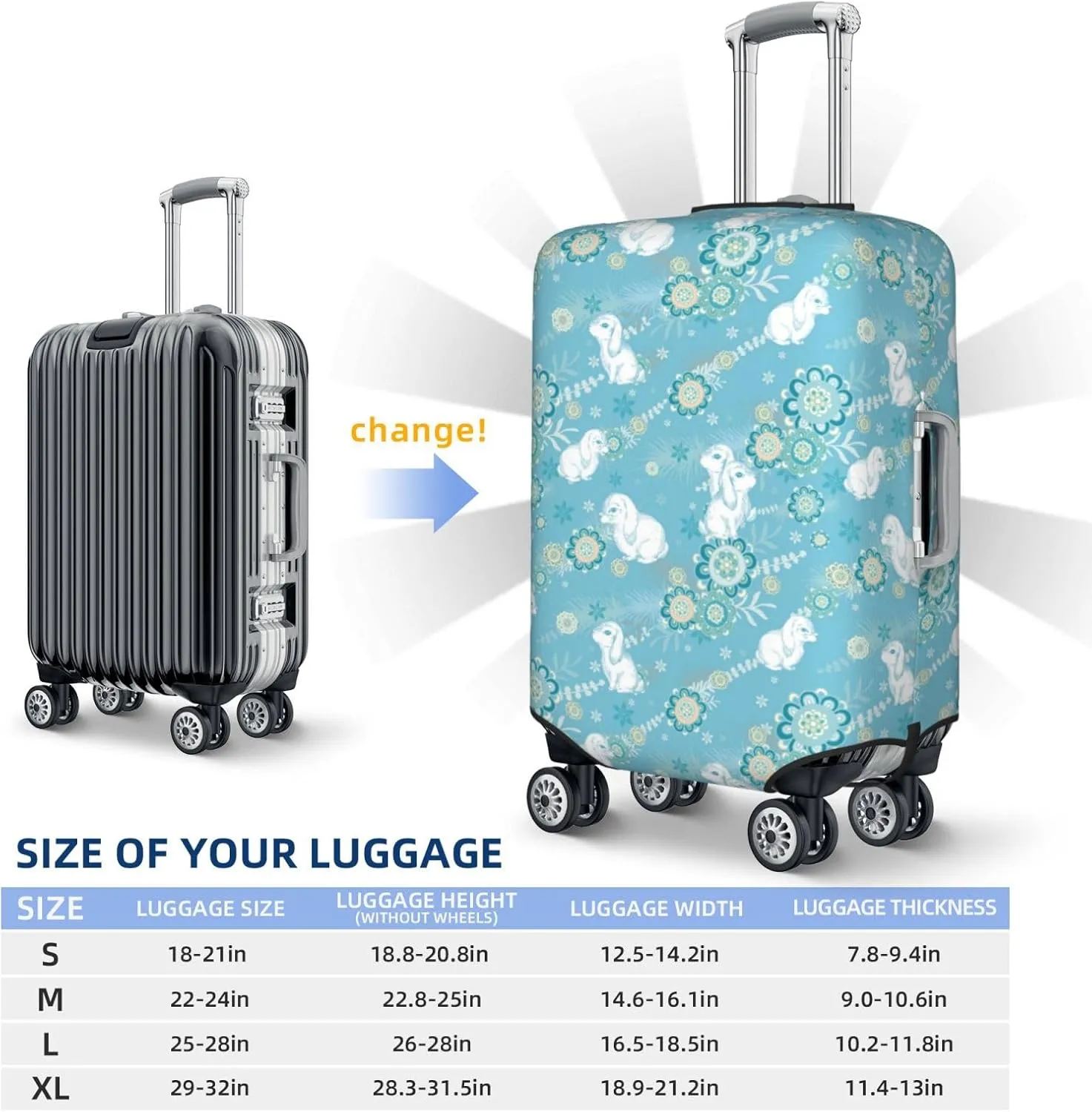 Rabbit and Flowers Luggage Cover Washable Elasticated Luggage Covers for Suitcase TSA Approved Stylish Scratch Resistant Luggage Case Protector