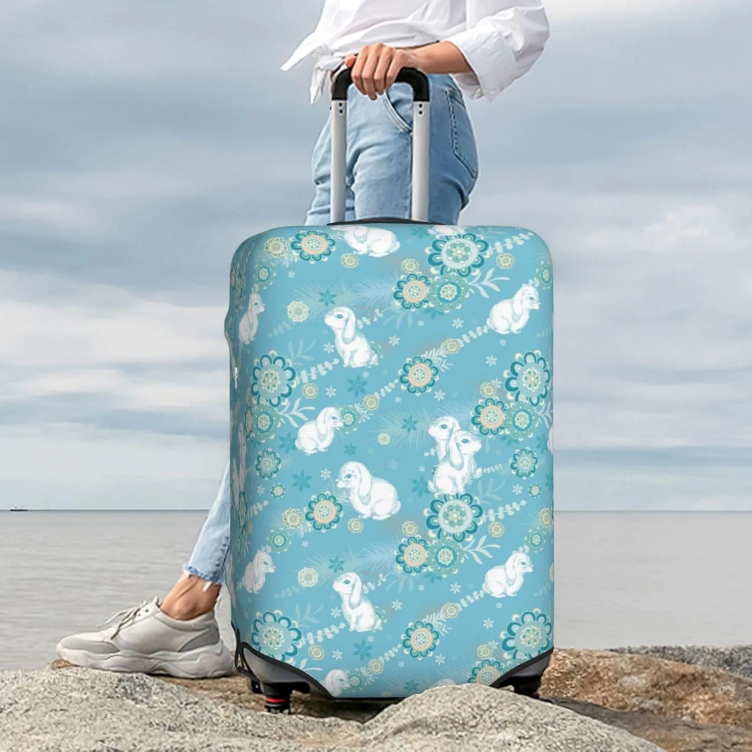 Rabbit and Flowers Luggage Cover Washable Elasticated Luggage Covers for Suitcase TSA Approved Stylish Scratch Resistant Luggage Case Protector