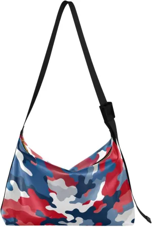 Red Blue Camouflage Leather Hobo Bag for Women Men Casual Hobo Purse with Adjustable Strap Large Capacity Tote Handbag