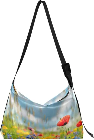 Red Yellow Flowers Crossbody Bag for Women Men with Adjustable Strap PU Leather Shoulder Hobo Purse Bag 20858323