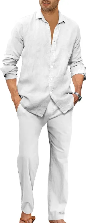 Ryannology Men 2 Piece Linen Set Outfits Drawstring Long Pants Button Down Roll Up Sleeve Shirts Beach Wedding Suit Sets