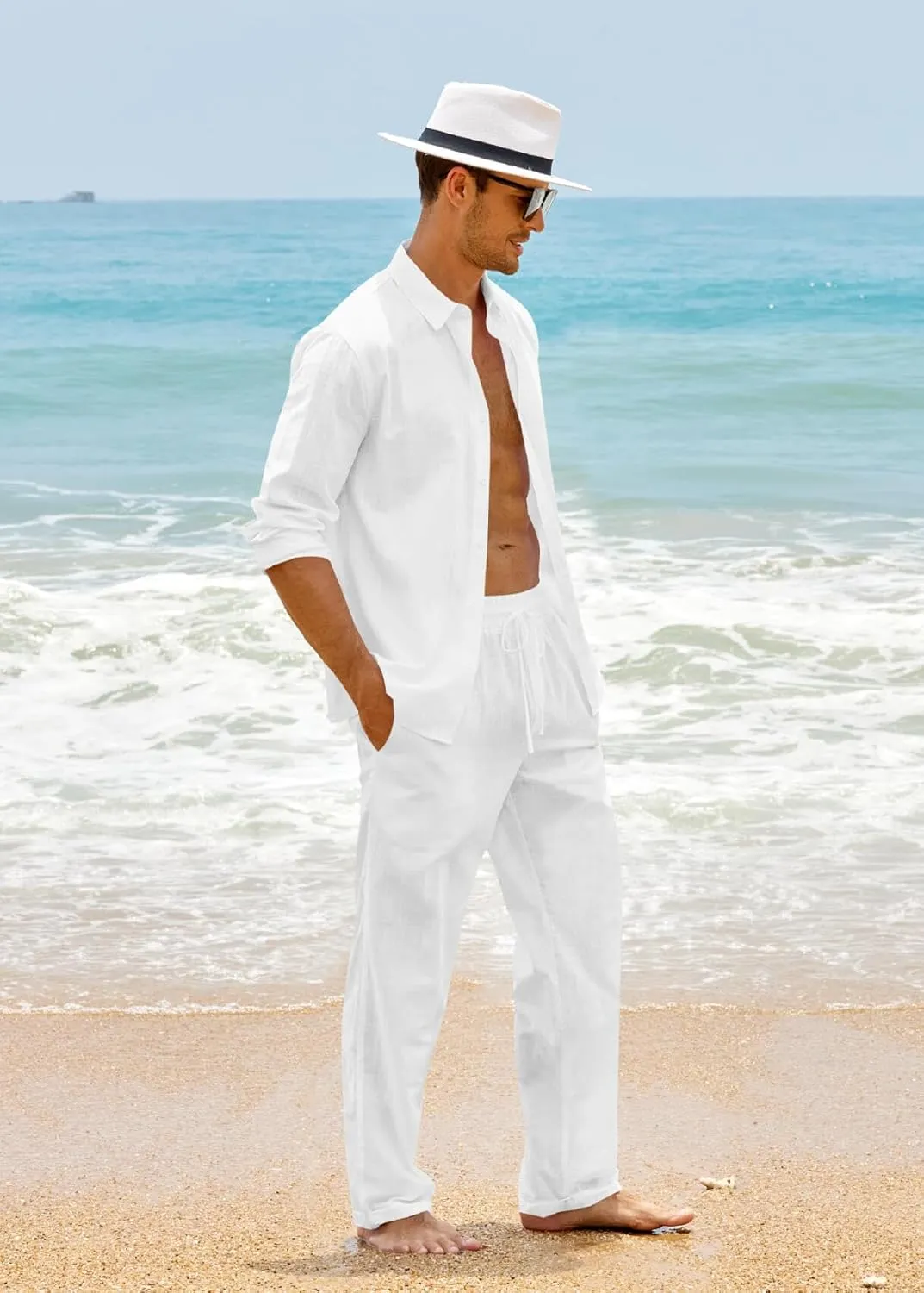Ryannology Men 2 Piece Linen Set Outfits Drawstring Long Pants Button Down Roll Up Sleeve Shirts Beach Wedding Suit Sets