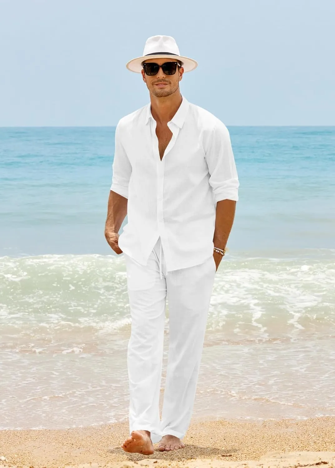 Ryannology Men 2 Piece Linen Set Outfits Drawstring Long Pants Button Down Roll Up Sleeve Shirts Beach Wedding Suit Sets
