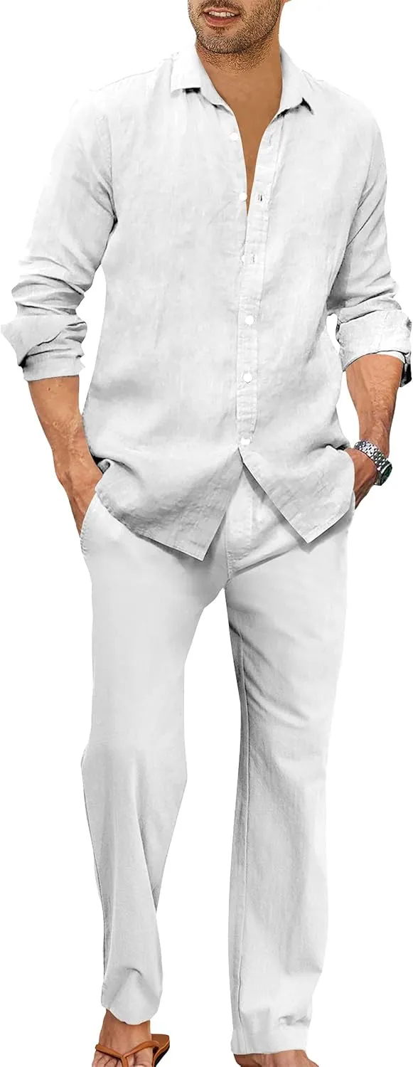 Ryannology Men 2 Piece Linen Set Outfits Drawstring Long Pants Button Down Roll Up Sleeve Shirts Beach Wedding Suit Sets