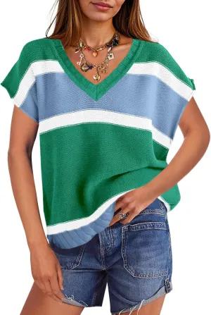 Saodimallsu Womens Cap Sleeve Sweater Vest Top Summer Color Block Loose Knit Going Out Shirts