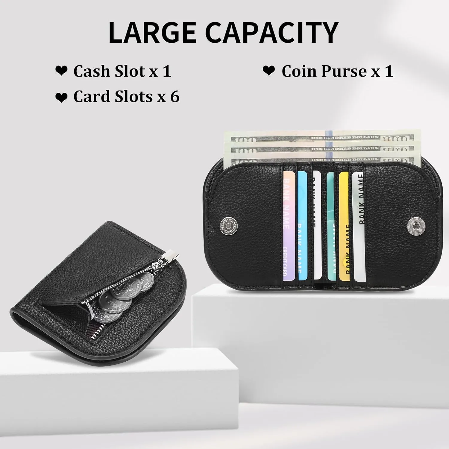 SENDEFN Small Wallet for Women RFID Blocking Card Holder Slim Bifold Compact Wallets With Zipper Coin Pocket Black