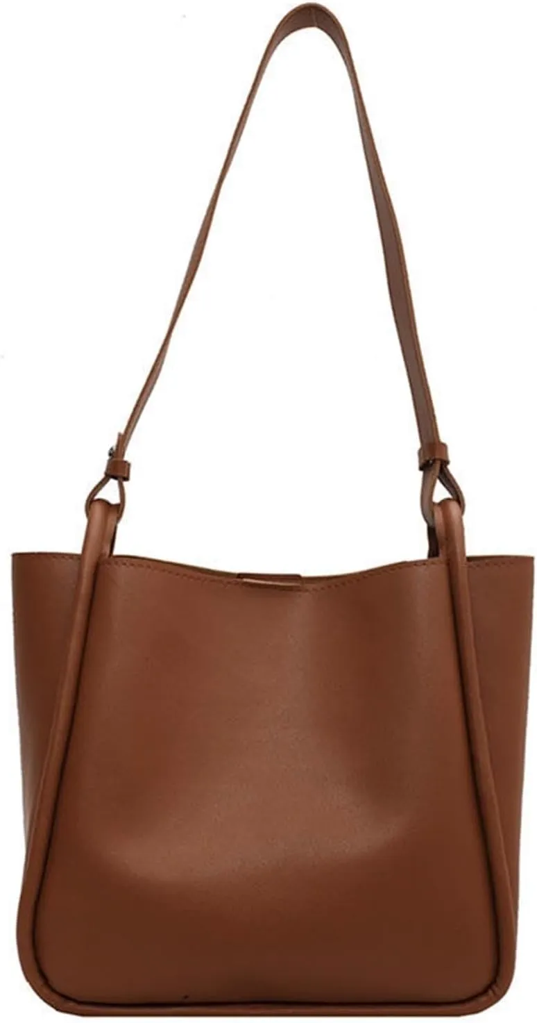 Shoulder Bag Wide Shoulder Belt Bucket Bag for Women | Large Capacity PU Messenger Bag | Stylish Simple Purse(Brown)