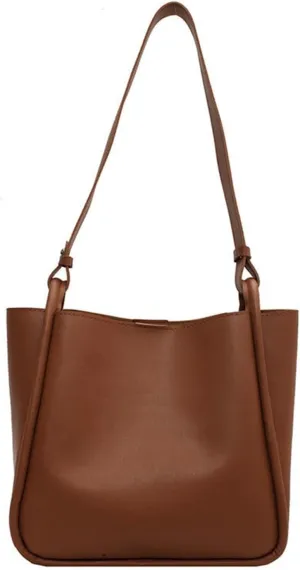 Shoulder Bag Wide Shoulder Belt Bucket Bag for Women | Large Capacity PU Messenger Bag | Stylish Simple Purse(Brown)