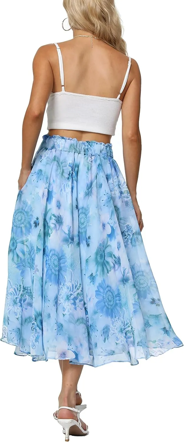 Sinono Women Elastic High Waist A Line Floral Print Swing Chiffon Beach Midi Long Skirt with Pockets