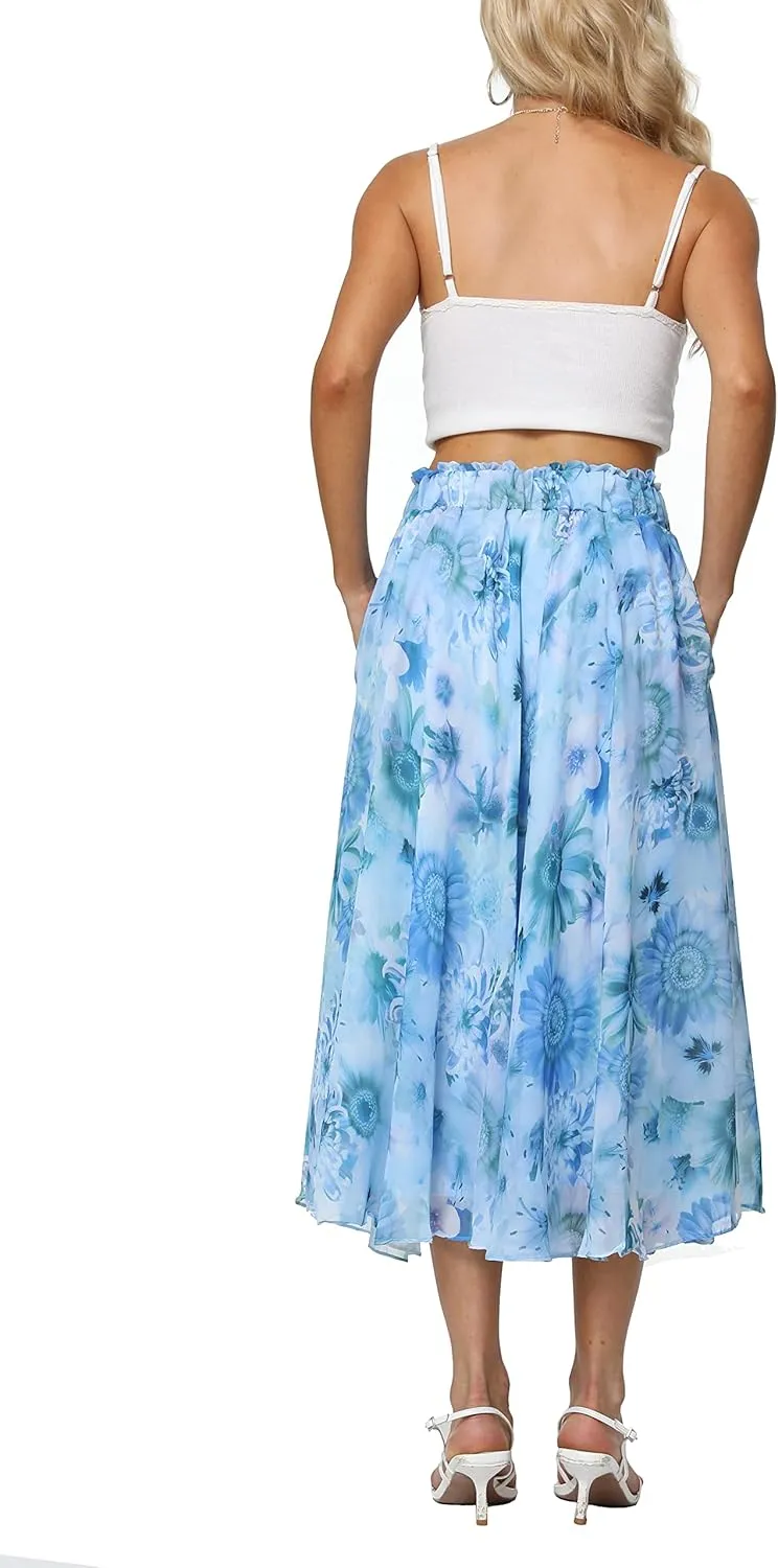Sinono Women Elastic High Waist A Line Floral Print Swing Chiffon Beach Midi Long Skirt with Pockets
