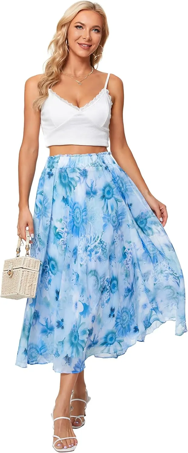 Sinono Women Elastic High Waist A Line Floral Print Swing Chiffon Beach Midi Long Skirt with Pockets