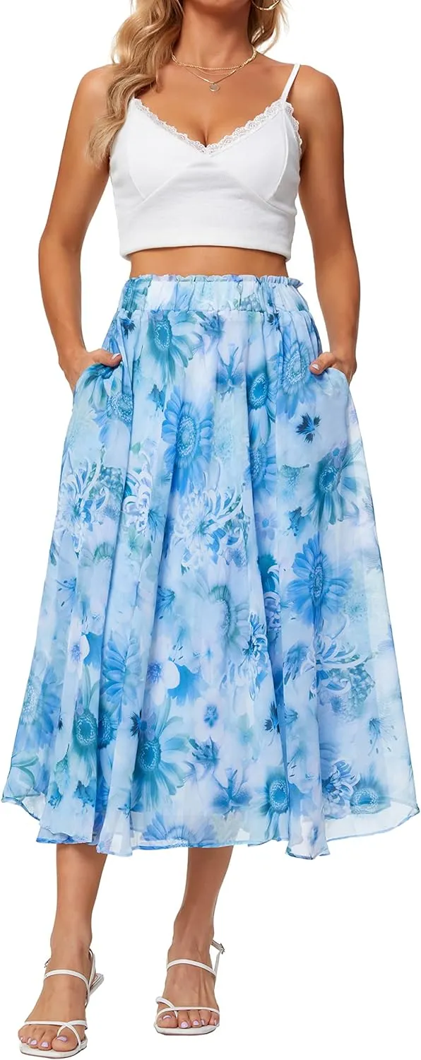 Sinono Women Elastic High Waist A Line Floral Print Swing Chiffon Beach Midi Long Skirt with Pockets