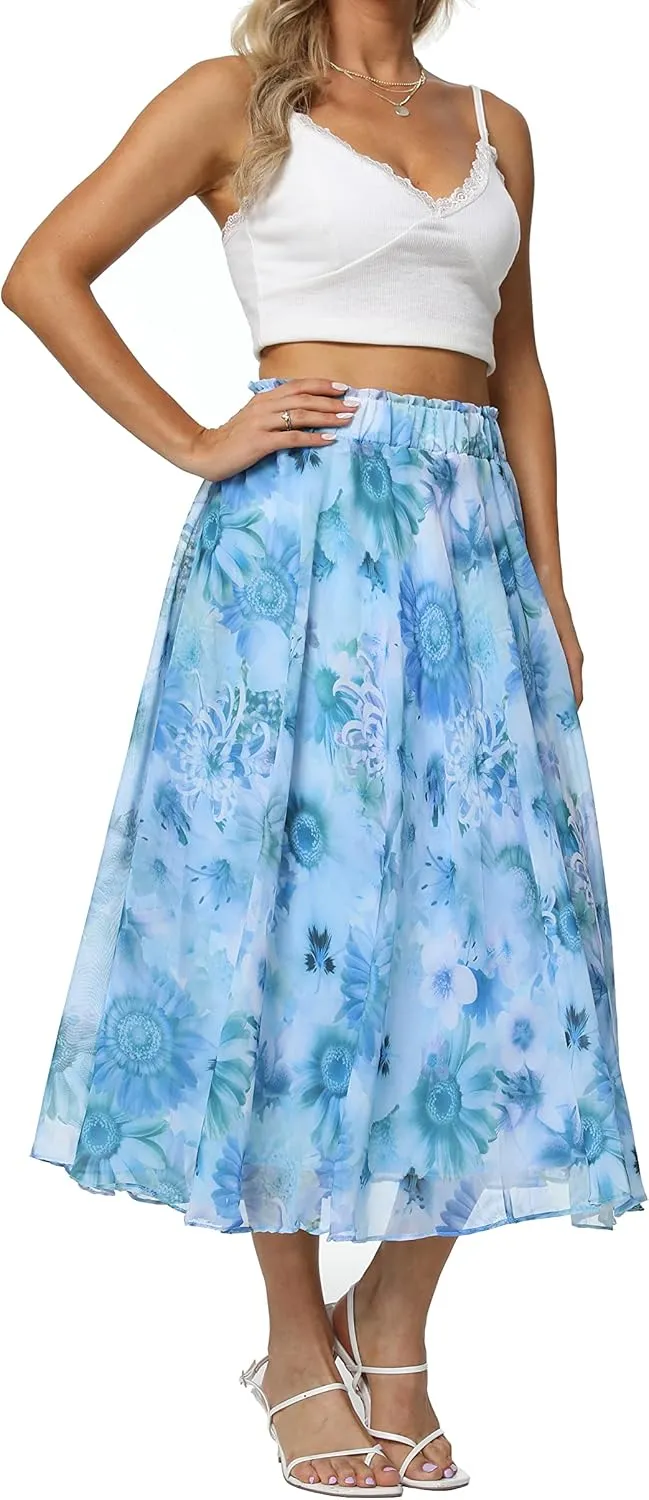 Sinono Women Elastic High Waist A Line Floral Print Swing Chiffon Beach Midi Long Skirt with Pockets