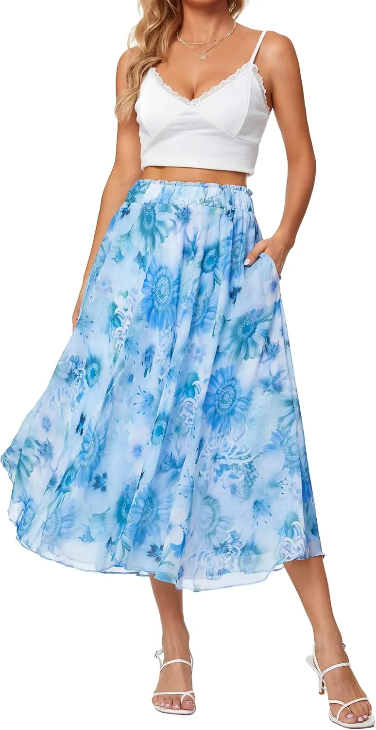 Sinono Women Elastic High Waist A Line Floral Print Swing Chiffon Beach Midi Long Skirt with Pockets