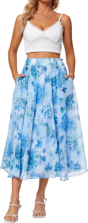 Sinono Women Elastic High Waist A Line Floral Print Swing Chiffon Beach Midi Long Skirt with Pockets