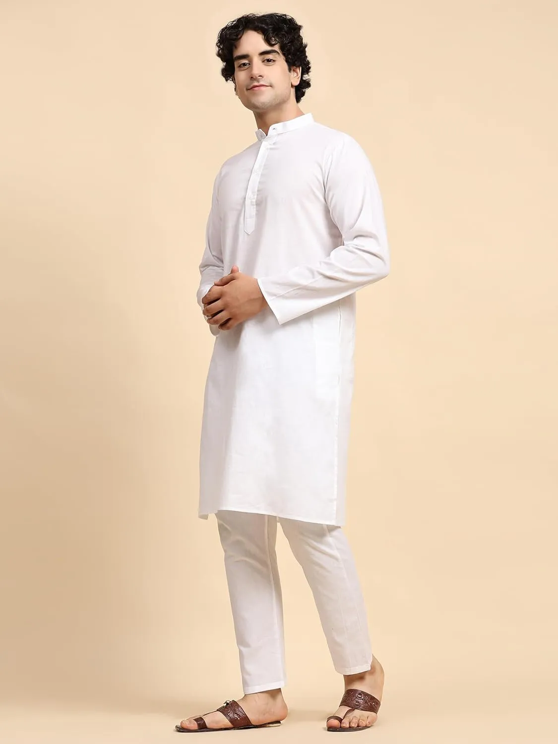 SKAVIJ Men's Pure Cotton Solid Kurta Pajama Set Mandarin Collar Daily Wear Casual Yoga Dress