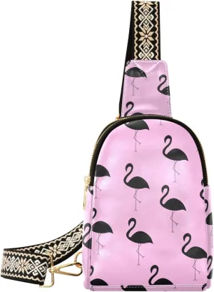 Sling Bag Leather Crossbody Bags Black Silhouette Flamingo Waist Packs Fanny Pack Chest Bag Travel Purse for Women Traveling Daily Shopping