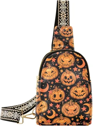 Sling Bag Leather Crossbody Bags Bright Orange Pumpkins and Moon Waist Packs Fanny Pack Chest Bag Travel Purse for Women Traveling Daily Shopping