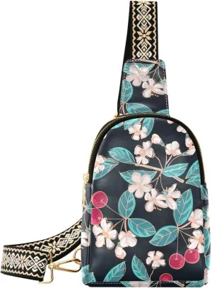 Sling Bag Leather Crossbody Bags Cherries Blooming Flowers Waist Packs Fanny Pack Chest Bag Travel Purse for Women Traveling Daily Shopping