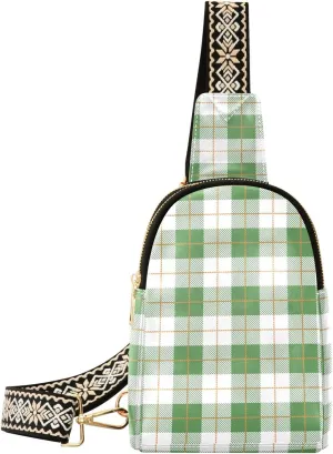 Sling Bag Leather Crossbody Bags Christmas Green Plaid Waist Packs Fanny Pack Chest Bag Travel Purse for Women Traveling Daily Shopping